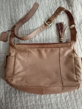 Soft Leather Crossbody Bag in Beige Tan with Tassel Women Shoulderbag Boho Purse